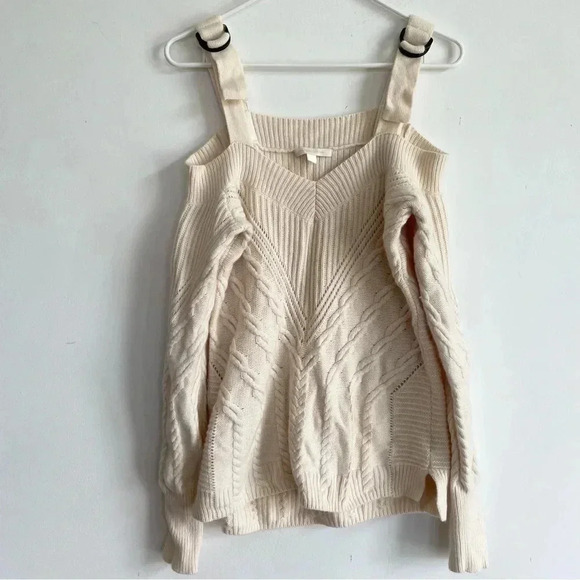 Jonathan Simkhai Tan Wool Off the Shoulder Sweater Cable Knit Beige Buckle XS - Picture 4 of 13